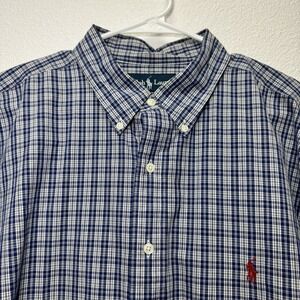 Ralph Lauren Classic Fit Blue White Plaid Red Pony 18 XXL Long Sleeve